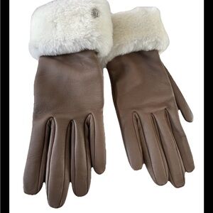 Hermes Brown Leather Gloves with Cream Fur Cuffs size 7